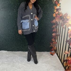 Gray Cardigan with Blue Pockets